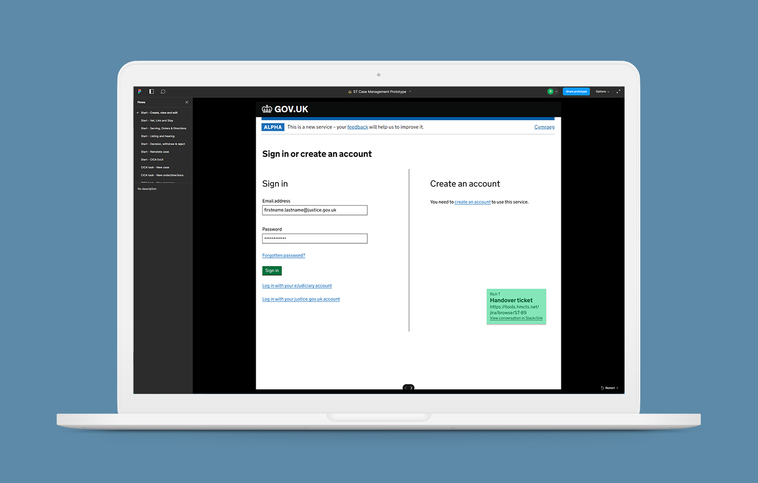 One of the many Figma prototypes required for Special Tribunals reform, showing a GDS login pattern