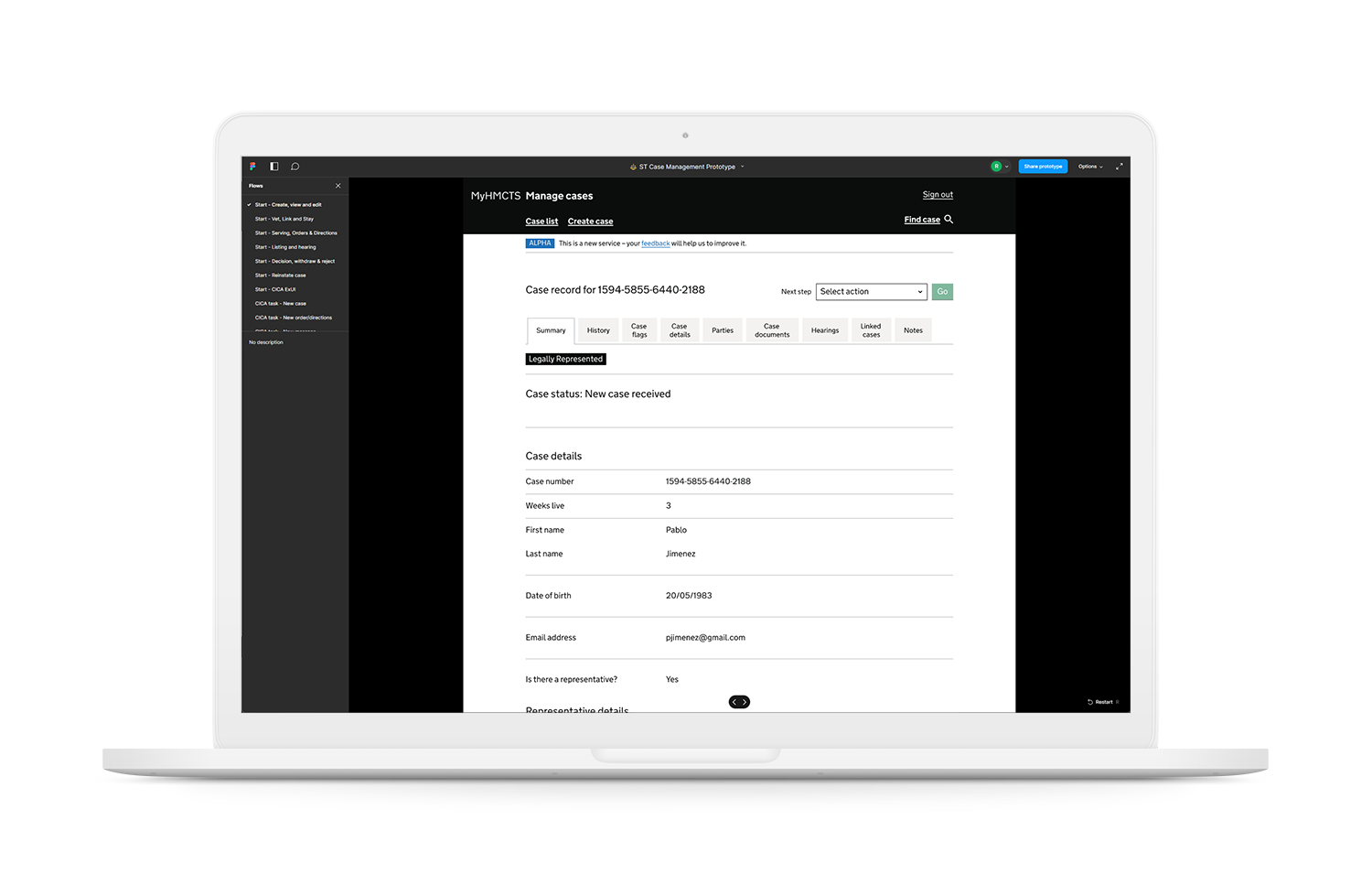 The Figma prototype for the case details module of the Special Tribunals reform service