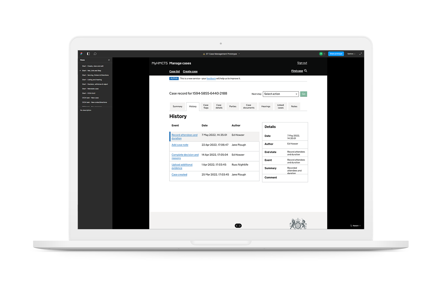 A screenshot showing the Figma prototype for the HMCTS Special Tribunals case history view