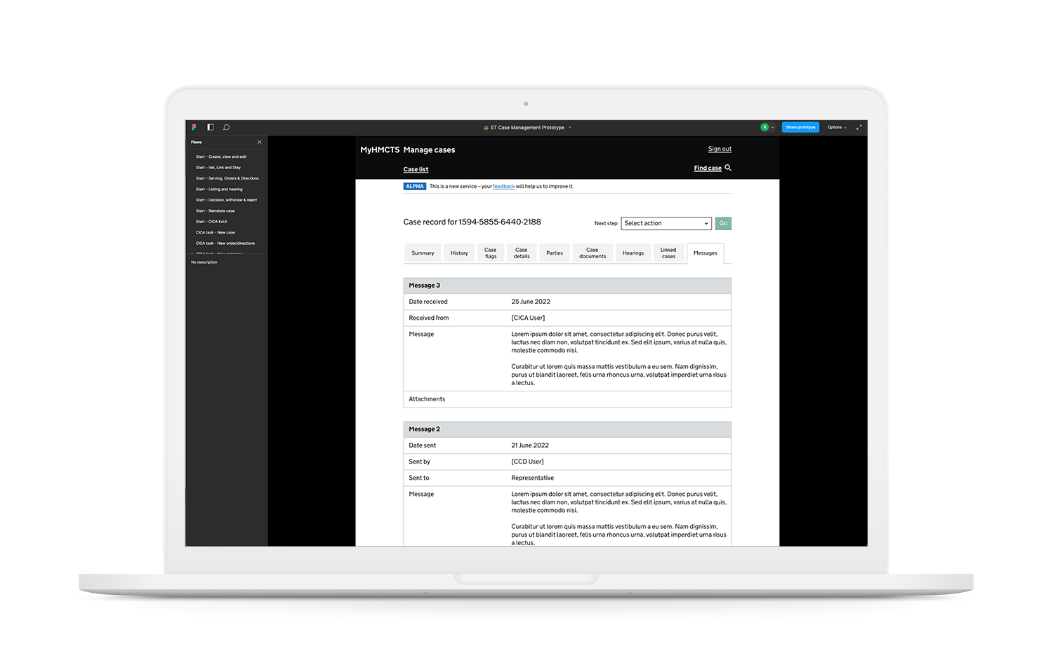 The Figma prototype for the case related messages module of the Special Tribunals reform service