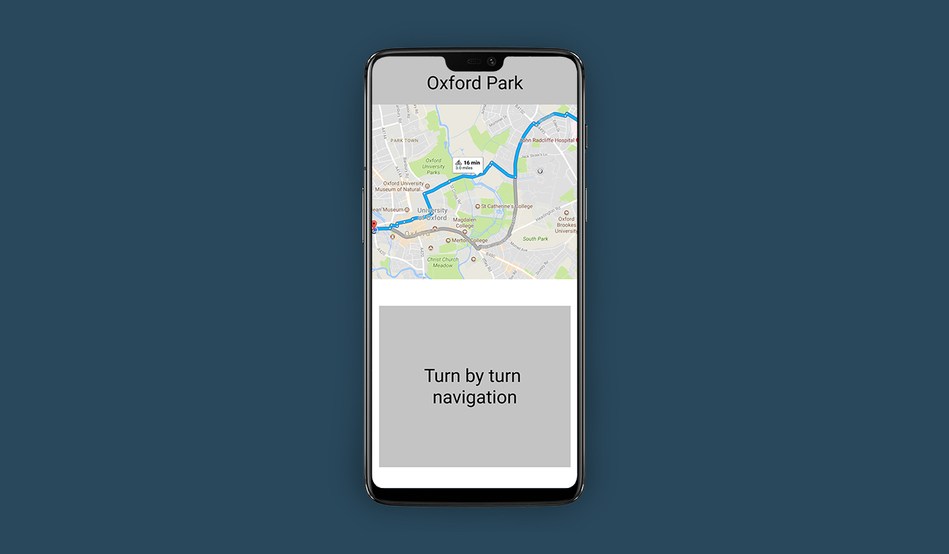 An image of a low fidelity app prototype showing turn by turn navigation, built using the Figma prototyping app